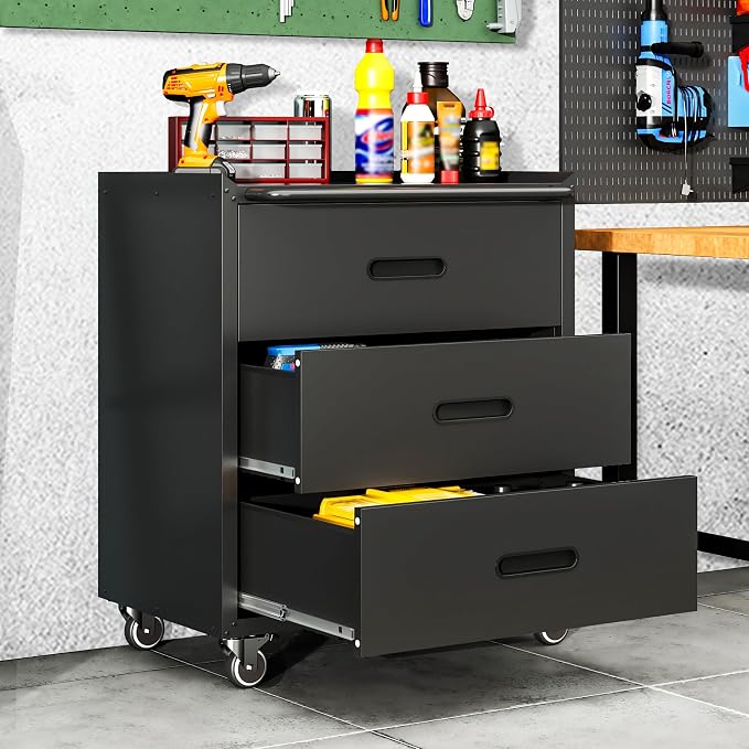 Garage Cabinets,Metal Garage Storage Cabinet with Wheels,Black Lockable Rolling Tool Cabinet with Drawer and Adjustable Shelves,Heavy Duty Tool Chest for Home Office Utility Room