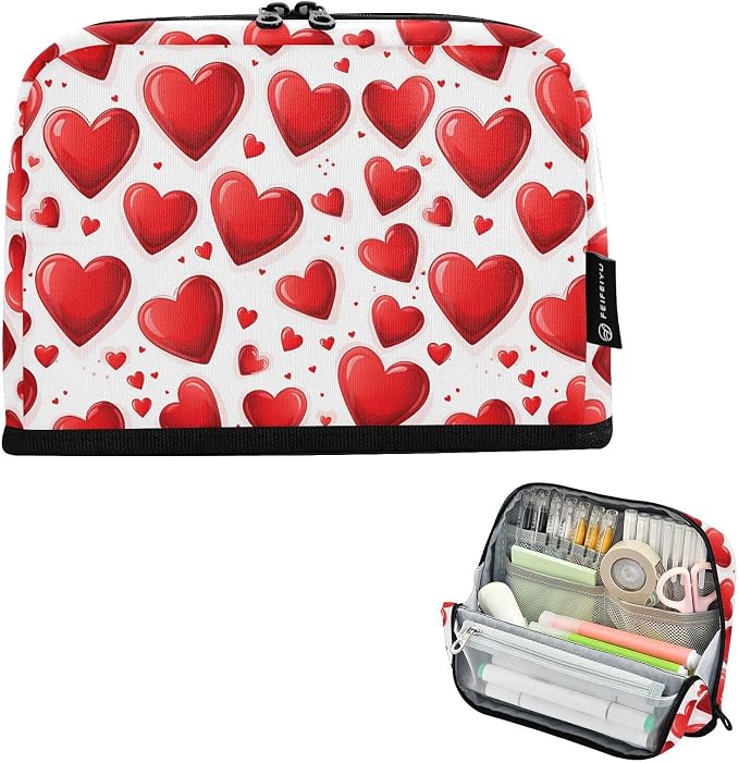 Aslsiy Large Capacity Pencil Case Glossy Heart Happy Valentine Day-1 Pencil Pouch for Boys Girls Portable Pen Bag Organizer Standing Makeup Bag for School Office Supplies
