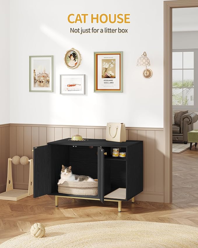 Hzuaneri Cat Litter Box Enclosure, Hidden Litter Box Furniture with Storage | Large Wooden Cabinet with Sisal Mat, Modern Cat Washroom for Living Room, Bedroom, Entryway, Black and Gold CB01504G