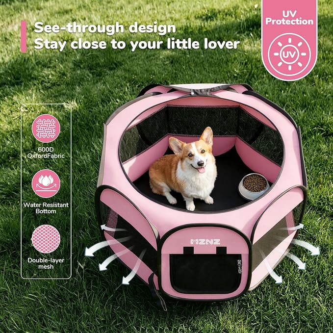 Dog Cat Small Animal Puppy Playpen Crate, Medium, Whole Pink | Portable Pop Up Pet Cage Enclosure Tent Kennel Indoor Outdoor with Carrying Case, No Assembly, Camping Use