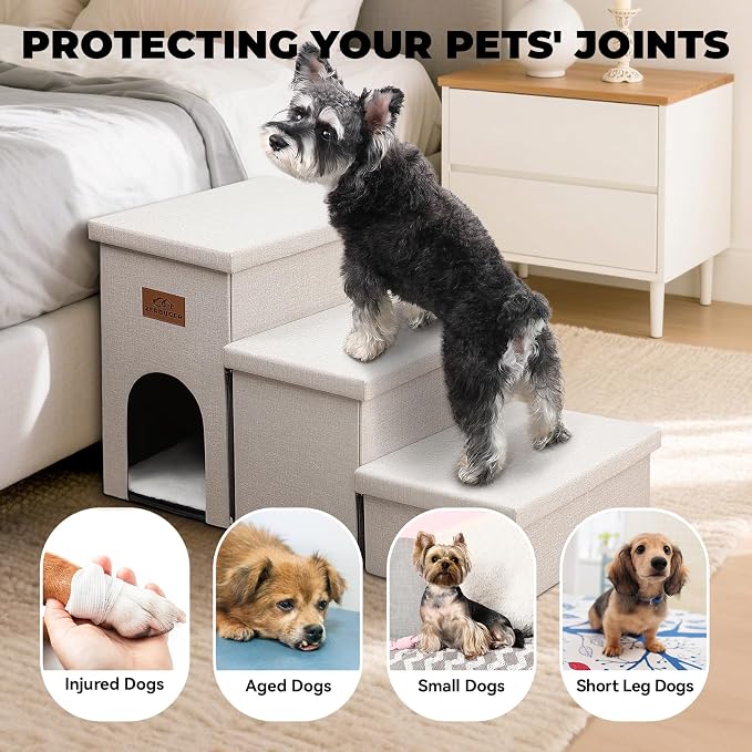 Zerbuger Dog Stairs with Storage, Beige 3 Steps Dog Ramp with Condo for Bed | 18" H Wider Dog Steps for High Beds Couch, Folding Storage Pet Stairs Gift for Climbing Small/Medium/Large Old Dogs Cats