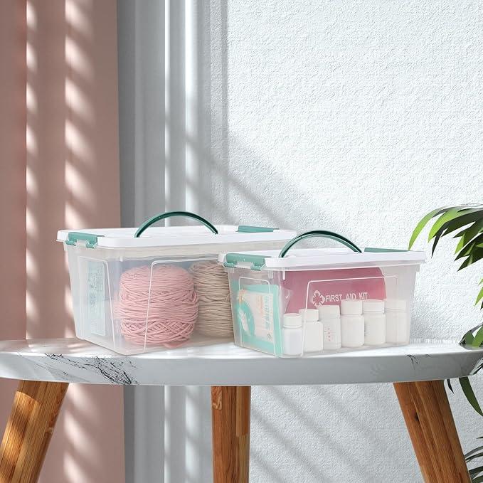 Clear Storage Latch Box/Bin, 2-Pack (14 QT & 7QT) | Plastic Organizing Container with Handle/Lids, Stackable Organizer Boxes for Closet, Pantry, and Craft Storage