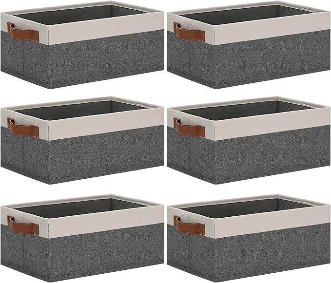 GhvyenntteS Small Fabric Storage Bins with Handles 6 Pack, 11.8" x 7.87" x 5.11" Storage Baskets for Shelves, Baskets for Organizing Clothes Underwear Socks Hats DVDs (Grey/White)