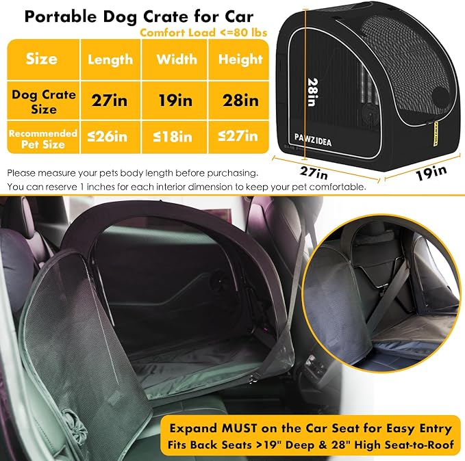 PAWZIDEA Portable Dog Crate for Car Travel, Medium & Large Dogs Up to 80lbs | Enclosed Soft-Sided Dog Car Kennel for Backseat, Secures w/ Seatbelt & Headrest Strap, Collapsible Car Carrier, Chew-Proof