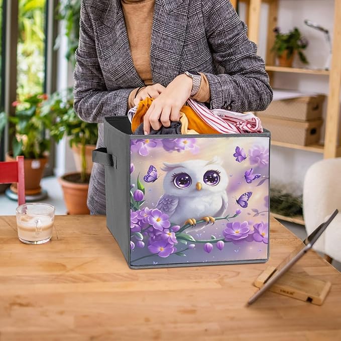 Owl Foldable Storage Bins, 10.6" Cube Storage Organizer, Sturdy Oxford Cloth Fabric Baskets for Closet, Shelf, Nursery, Bedroom, Decorative Printed Box for Toys & Clothes