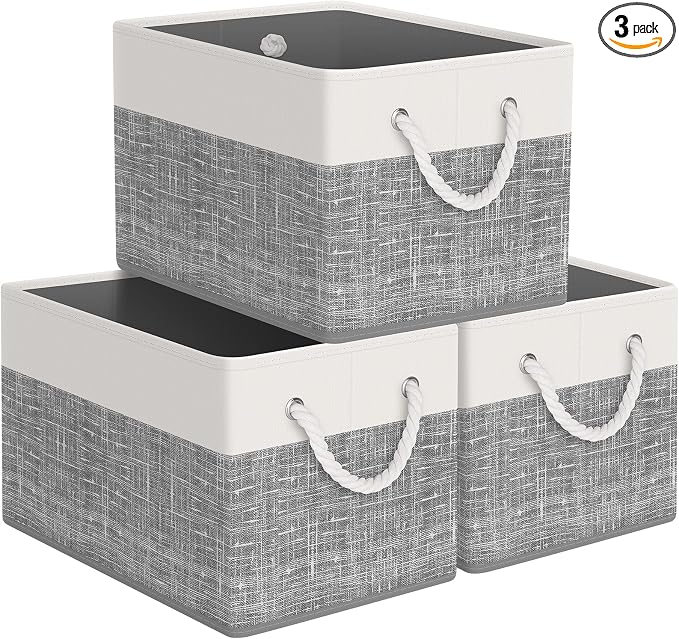 StorageTastic Storage Bin,Collapsible Storage Basket | For Organizing,Large Storage Boxes With Rope Handles,Storage Containers,White & Grey,3 Pack