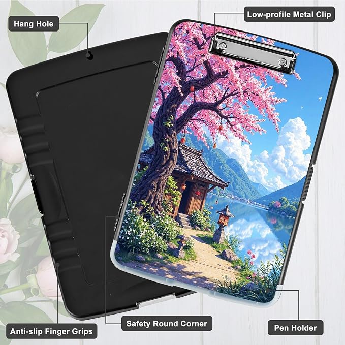 A4 Clipboard with Storage Pen Holder, Clipboards Organizer Nursing Clipboard Foldable File Folder Plastic Clipboard Folio Clip Board for Office Work Classroom Doctor, Pink Flower Brook