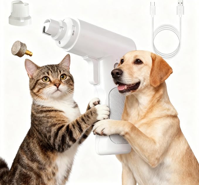 Dog Nail Grinder Electric - Super Quiet Low Vibration Pet Nail Trimmer with 2 LED Lights | USB Rechargeable Cordless 3 Speeds | Painless Paw Grooming for Small Medium Large Dogs & Cats (White)