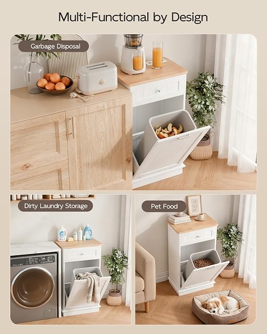 Betterhood Single Tilt Out Trash Cabinet with Power Outlet, Wooden Hidden Garbage Can Holder with a Big Storage Drawers for Kitchen, Living Room, Laundry, White