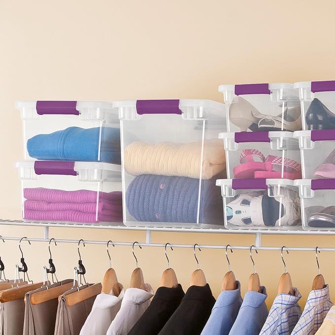 Sterilite ClearView Latch Boxes, Storage Bins with Lids, 27 Quart, 24-Pack | Clear Plastic Organizers with Color Accent Latches for Closet, Bedroom, Shelving Units, Dorm Room and Home Organization
