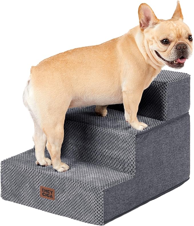 EHEYCIGA Dog Stairs for Small Dogs 13.5" H, 3-Step Dog Steps for Cats, Grey | Pet Steps for Couch Sofa and Chair, Non-Slip Balanced Pet Ramp Indoor