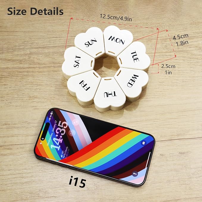 MOLN HYMY Large Weekly Pill Box 7 Day, Cute Pill Case Organizer 1 time a Day, Floral Pill Container Once Daily, Pretty Medicine Dispenser for Vitamin/Fish Oil/Medication/Supplements (Milky White)