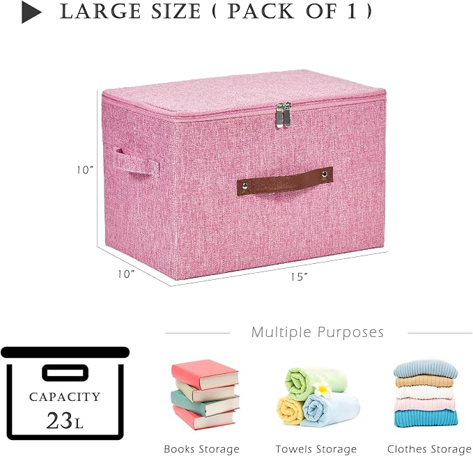 Storage Bins with Zipper Lids Decorative Lidded Baskets Boxes | Clothes Container, Closet Shelf Organizer, Foldable Washable, Cotton Linen Fabric, w/ PU Leather Handles, Pink, Large