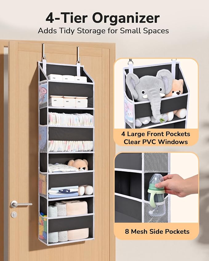 ULG 1 Pack Small Over Door Organizer with 4 Large Pockets 8 Mesh Side Pockets, Hanging Storage Organizer with Clear Window Kids Toys Deep Gray