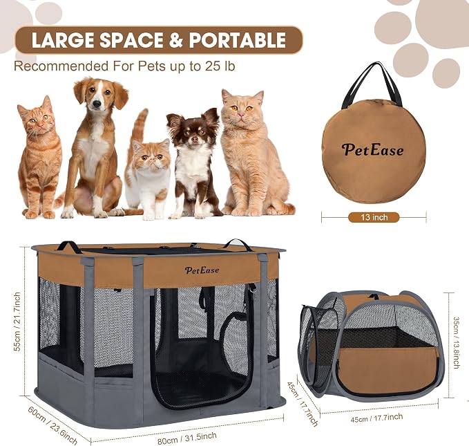Portable Cat Playpen with Litter Box, Cat Enclosure for Camping, Cat Recovery Playpen After Surgery, Foldable Indoor Outdoor Pet Tent for Cats Rabbits Puppies (Brown)