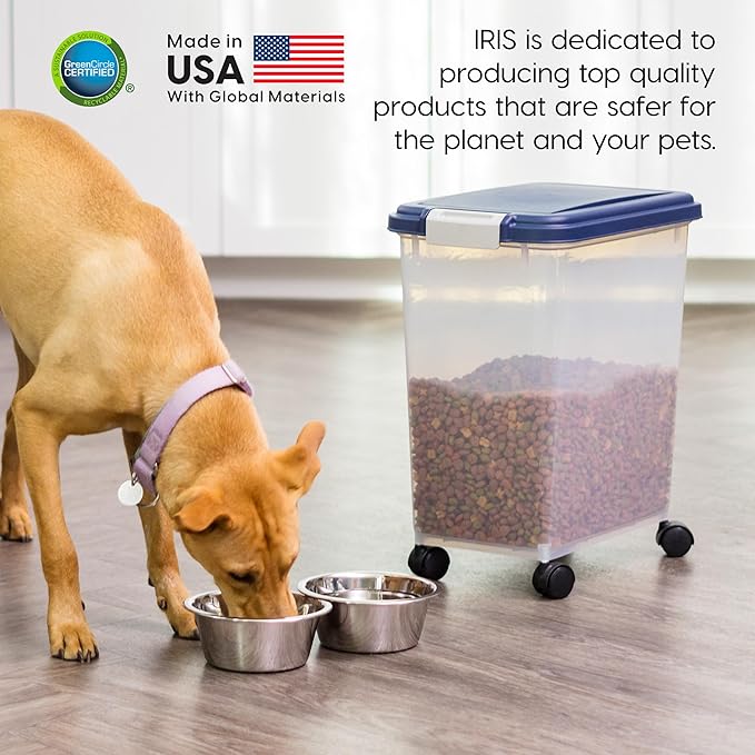IRIS USA Dog Food Storage Container, Up to 30 lbs, Navy, Made in USA | Wheels for Mobility, Airtight Seal, BPA-Free, Best for Bird Seed, Cat food, Cat Litter, Chicken Feed, Pellets