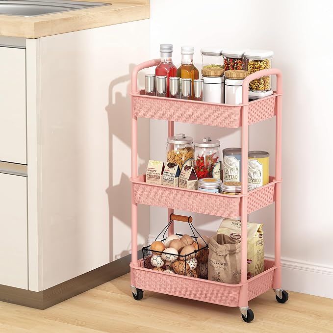 MOYIPIN 3-Tier Plastic Rolling Utility Cart with Handle,Utility,Pink | Utility Storage Cart for Office, Living Room, Kitchen,Movable Storage Organizer，Easy installation，Rattan-like art design