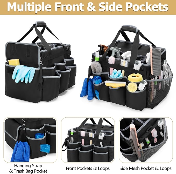 HODRANT Large Cleaning Caddy with Detachable Trolley & Shoulder Strap | Cleaning Supplies Bag with Handles & Support Plates, Cleaner Product Rolling Organizer for Car Wash and Housekeeping