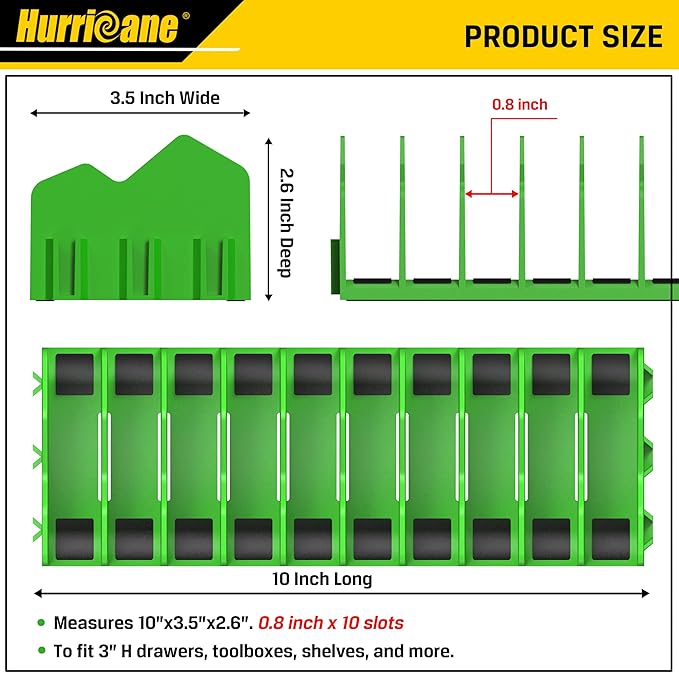 HURRICANE Plier Organizer Rack, 10-Slot Pliers Rack with Non-Slip Rubber Base, Tool Organizer, Tool Drawer Toolbox Storage, Green, Extendable Design, Fit 3” H, 1 Pack