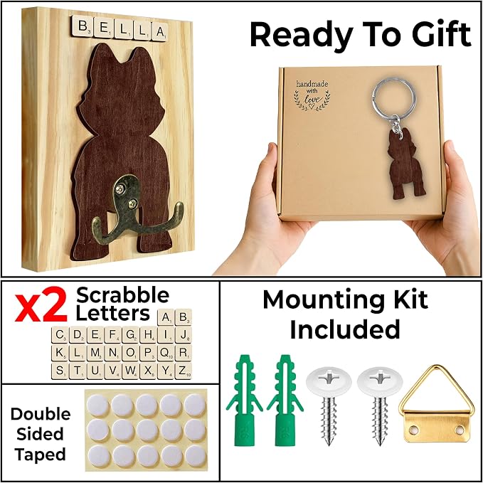 Husky Dog Leash Holder Wall Mount with Scrabble Letters, Wooden Dog Wall Hook Organizer, Pet Collar and Harness Holder Entryway, Key Hook & Leash Rack, Home Decor for Pet Lovers PF297-45