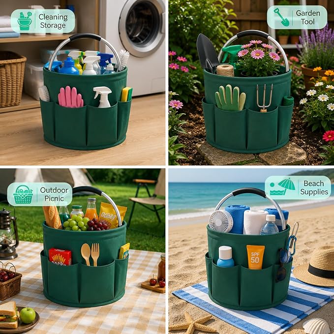 Cleaning Caddy with Handle, 17L Foldable Storage Basket, Heavy Duty 600D Oxford Cloth Organizer, Portable Supply Bag, Multi-Purpose Supplies Caddy for Home, Bathroom, Kitchen, Garden - dark green