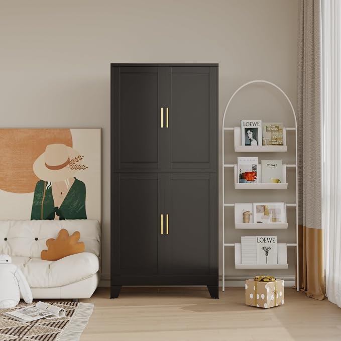 47” Black Metal Bathroom Storage Cabinet, Kitchen Pantry Cabinet | Steel Storage Cabinet with Doors and 3 Adjustable Shelves, Bathroom cabinets Organizer, for Home Office, Bedroom