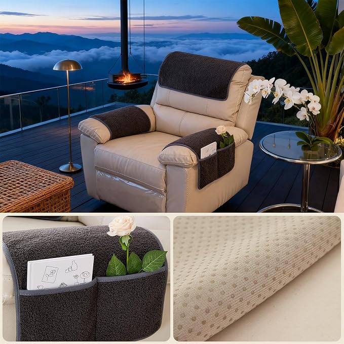 Sherpa Fleece Armrest and Headrest Covers with 2 Pockets | Soft fleece with nonslip silicone backing helps protect leather and fabric furniture from pet scratches machine washable