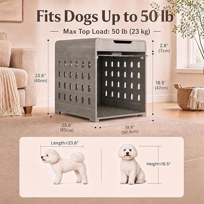 Modern Dog Crate Furniture Wooden Kennel Charging Station End Table Grey | Nightstand, Dog Cage Indoor, up to 50 lb, with Flip-Up Acrylic Door, Storage Drawer, Medium Small Dogs, Living Room Bedroom