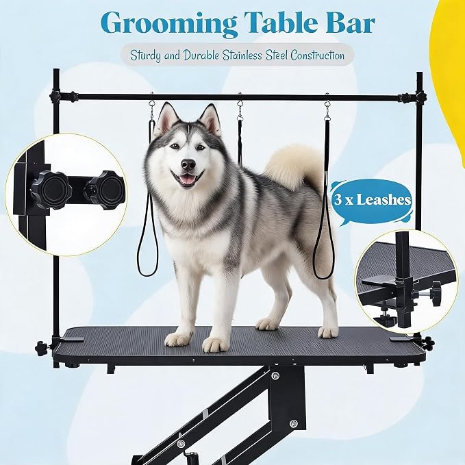 Garvee 43.3" Hydraulic Dog Grooming Table with Max 350 LBS Loading Capacity | Adjustable Height Range 22-39 in, 3 Adjsutable Nooses, Professional Pet Grooming Table, Home Use, Heavy Duty, Black