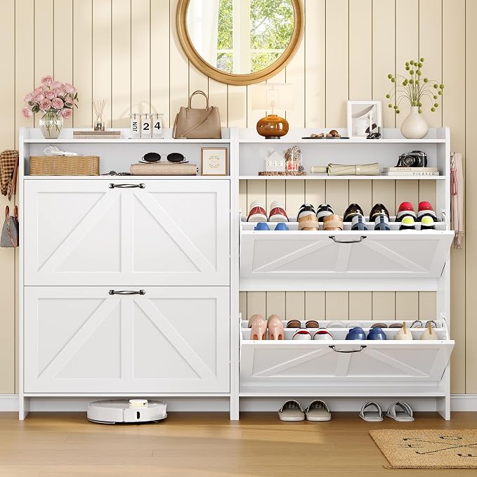 Shoe Storage Cabinet with 2 Flip Drawers for Entryway,Hallway | 9.4"Deep,Freestanding Shoes organizer,Adjustable & Removable Shelves,2 Hooks,Anti-tip Device,White