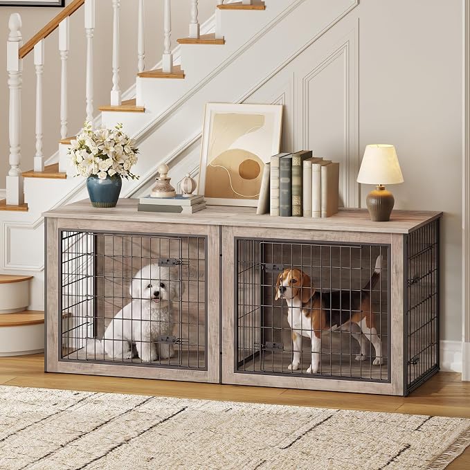HOOBRO Dog Crate Furniture for 2 Dogs, 63" Large Double Dog Crate Furniture with Divider, Wooden Indoor Kennel TV Stand for Medium Large Dogs, Greige and Black BG55GW03