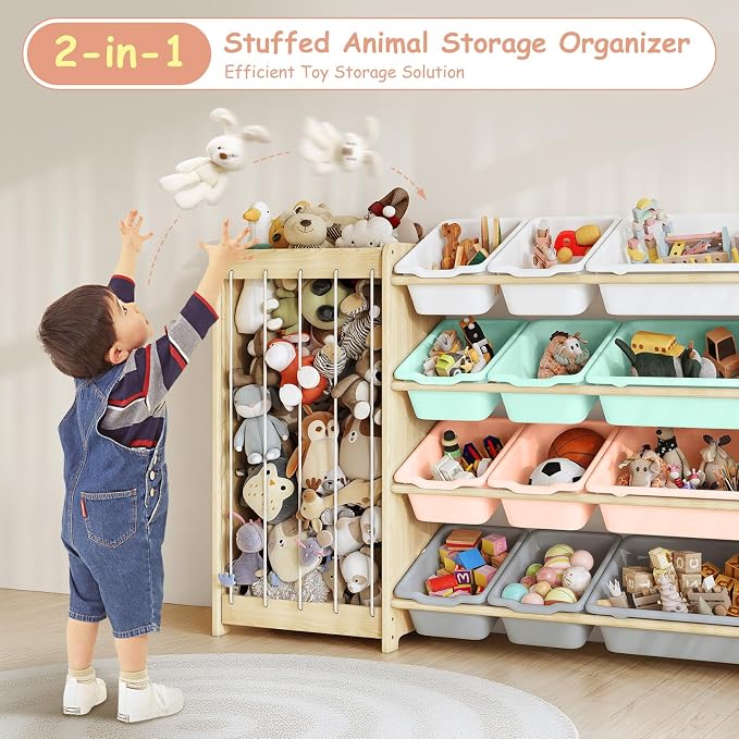 EXPERLAM Kids Toy Storage Organizer, 2-in-1 Stuffed Animal Storage & Toy Organizer w/12 Bins, Solid Wood Toy Rack Featuring Thicker Elastic Ropes to Hold Toys, Playroom Nursery Bedroom Storage, Multi