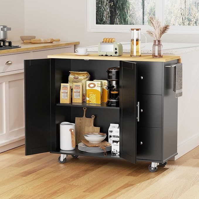 QAQA 40" Kitchen Island Cart Furniture cart on Wheels Rolling Portable Dining Room Serving Utility Carts Mobile Movable with Drawers Cabinet,Black