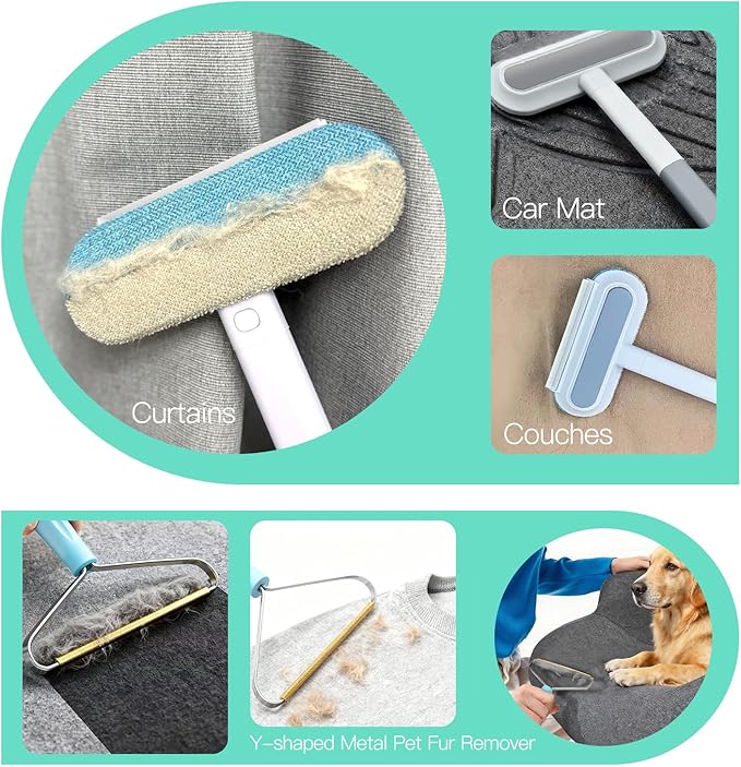 Carpet Rake for Pet Hair Removal - 3 in 1 Reusable Dog Cat Hair Remover Scraper with Adjustable Long Handle, Carpet Clean Brushes & Cat Dog Fur Rakes Scraper Broom for Couch, Rugs, Mats and Cars