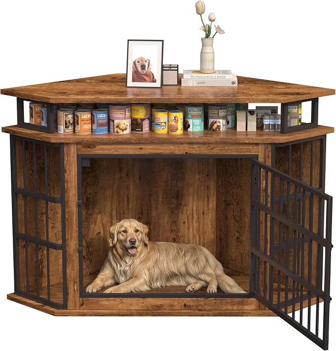 51" Corner Dog Crate Furniture Large Wooden Dog Kennel Indoor Dog House | With 2-Tier Shelves, Large Storage Space, Space-Saving Design, Multi-functional Pet House, Sturdy & Secure, Easy Assembly