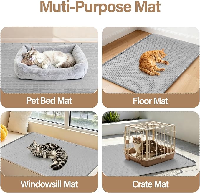 Silicone Cat Bed Mat 40"x28" Pet Crate Mat for Cat Cage, Light Grey | Extra Large Cat Sleeping Mat, Non-slip, Washable, Waterproof Pet Bed Mat with Raised Edge, Pet Playpen Mat to Protect Floors