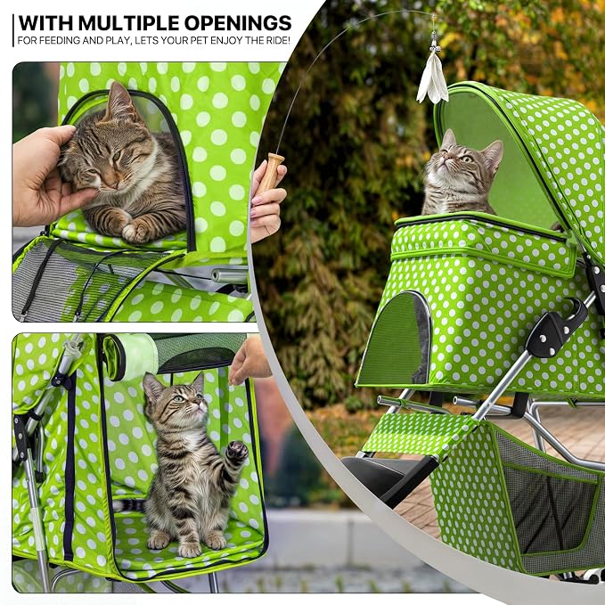 MoNiBloom Pet Stroller for Small/Medium Dogs and Cats, Lawn Green | Foldable Dog Stroller 3 Wheels Pet Strolling Cart w/ Storage Basket Cup Holder, Breathable and Visible Mesh for All-Season