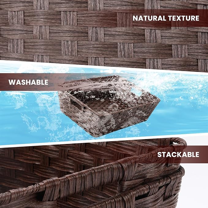 Large 2-Pack Plastic Wicker Storage Baskets, 17"x13"x5.5", Brown | onlytak Woven Baskets for Laundry, Closet, Living Room, Shelf Organization, Cat Bed