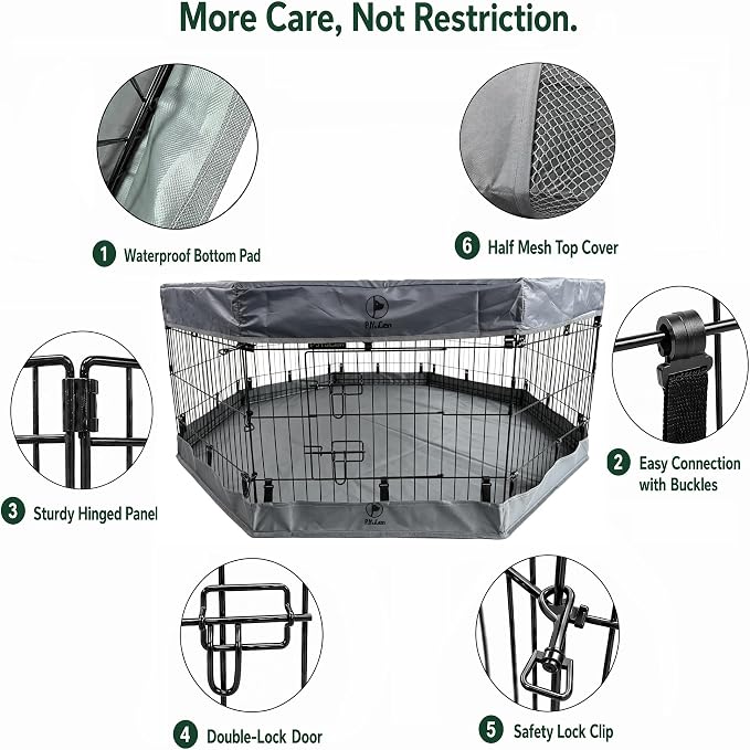 PJYuCien Puppy Playpen with Top Cover & Bottom Pad, 8 Panels 42" H, Gray | 24"W, Large Pet Safe Sanctuary, Foldable Octagonal Pen, Versatile, Indoor & Outdoor, Backyard Pasture, Protects Floors