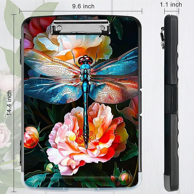 Peony Dragonfly A4 Clipboard with Storage Pen Holder, Clipboards Organizer Nursing Clipboard Foldable File Folder Plastic Clipboard Folio Clip Board for Office Students Classroom Doctor