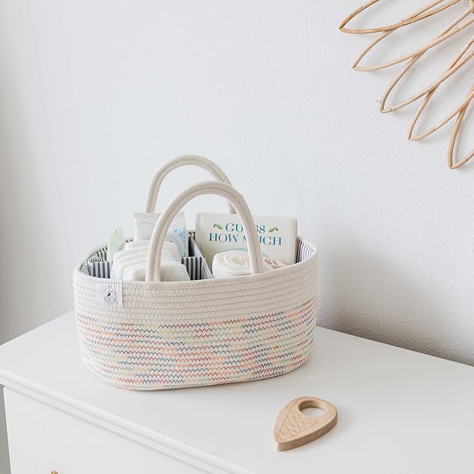 OrganiHaus Rope Diaper Caddy Organizer, Nursery Basket, Stitches Rainbow | Woven handles; a toy bin, laundry bin, or newborn essentials storage; great for car, baby shower gifts, or bedroom decor