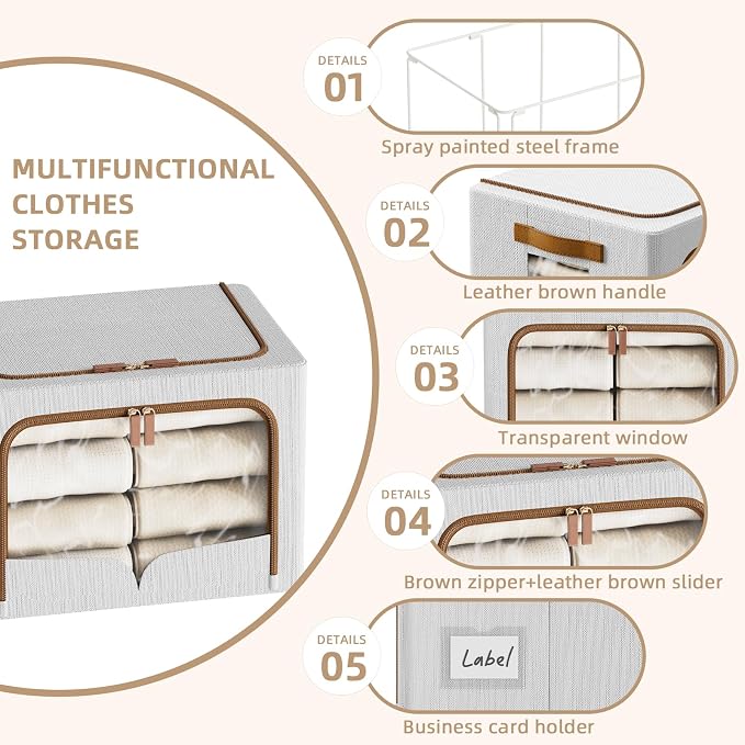 FHSQX 6 Pack Clothes Storage Bins - Foldable Storage Bins for Clothes Fabric Storage Box with Metal Frame (Light Grey, 19.7x15.7x13.8 inch)