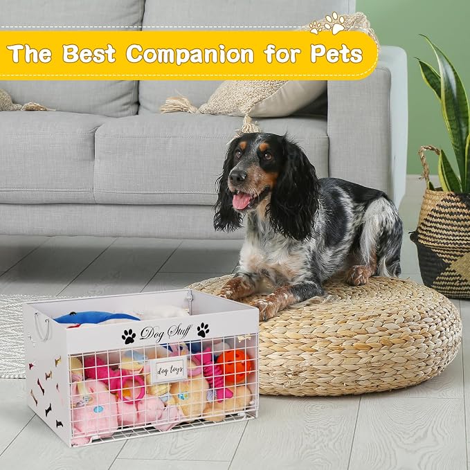 Bfttlity Dog Toy Basket Large Metal Toy Box Storage for Dogs Toys, White | Dog Toy Bin with Handles for Living Room Storage Dogs Chew Pets Toys, Blankets, Clothes, Food