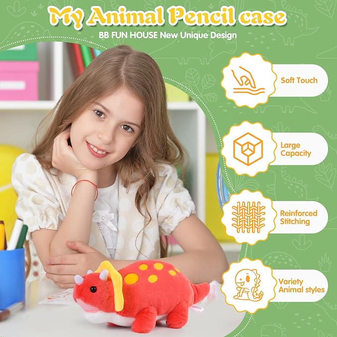 BB FUN HOUSE Pencil Case for Kids, 3D Plush Animal Dog Dinosaur Pencil Pouch Soft Stationery Storage Pen Bag for Girls and Boys School Supplies