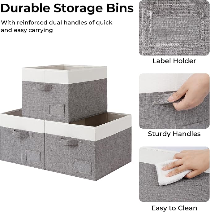 GRANNY SAYS Closet Storage Bins with Label, Gray&White, Large, 3-Pack | Storage Baskets for Organizing, Fabric Bins for Clothes, Closet Organizer Bins, Collapsible Cloth Bins