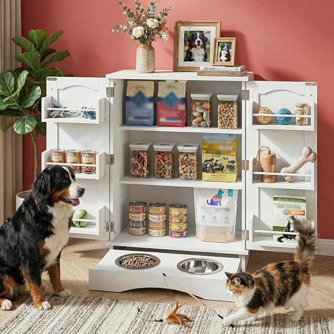 Dog Storage Cabinet with Bowls, Pet Food Storage Cabinet with Adjustable Shelves, Hidden Dog Feeding Station with Hooks, Letter Stickers, Pet Storage Organizer for Cats and Dogs