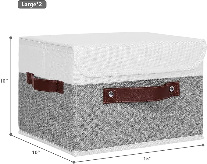 ANMINY Fabric Storage Box Bins with Lids, Gray White, 15"x10"x10", 2 Pack | Keepsake Memory Storage, Cotton Linen, PP Board Reinforced, Washable, PU Handles, Foldable & Stackable, Decorative, Large