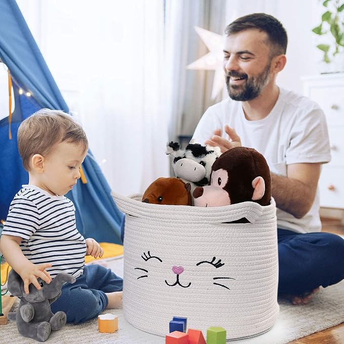 LotFancy Cat Toy Organizer, Cotton Rope Animal Basket with Handle, Cat Toys Storage Bin for Pets, Cute Woven Containers Holder for Playing Room, Kids Bedroom, 15.7x13''(H)