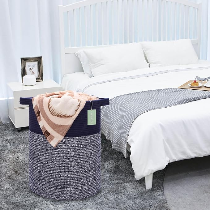 Cotton Rope Blanket Basket, 72L Tall Laundry Hamper, Navy Blue