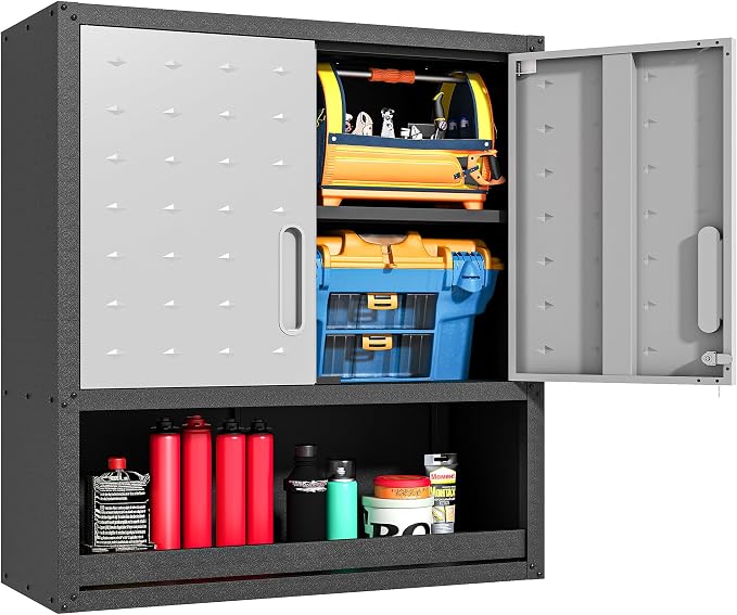 Metal Storage Cabinet for Garage, Tool Cabinet, Utility Cabinet | Wall Mounted, Hanging Tool Cabinet, Lockable, 2 Doors, Open Storage Compartment, Assembly Required, Black & Grey